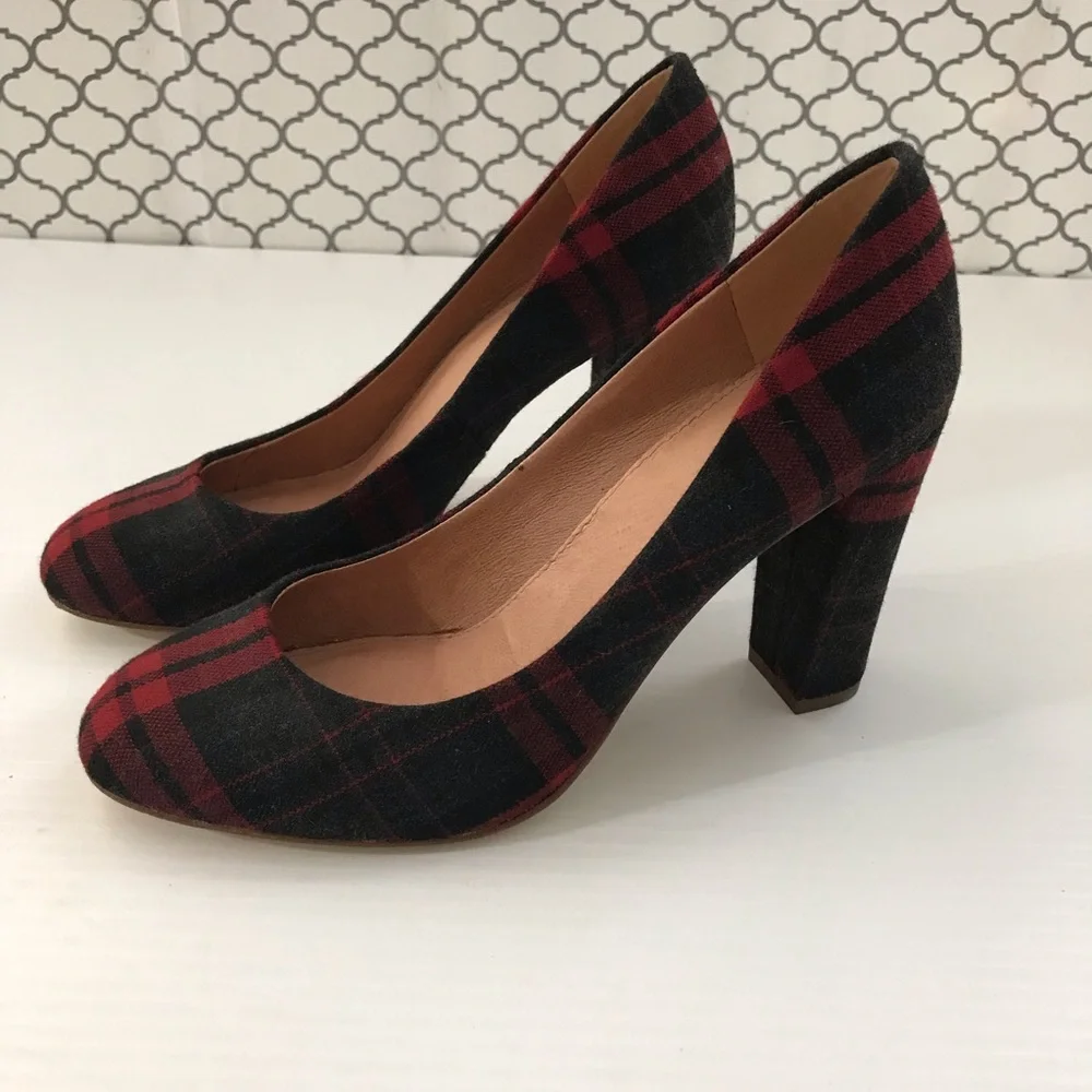 J.Crew Plaid Round-Toe Block Heel Pumps - Red/Black Size 7.5